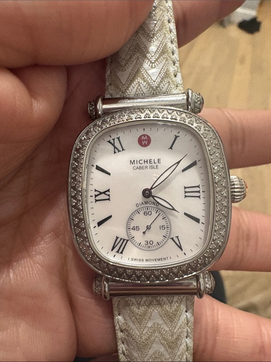 Michele Jewelry - Michele Silver Watch Bracelet with White Dial and Brown Leather Strap